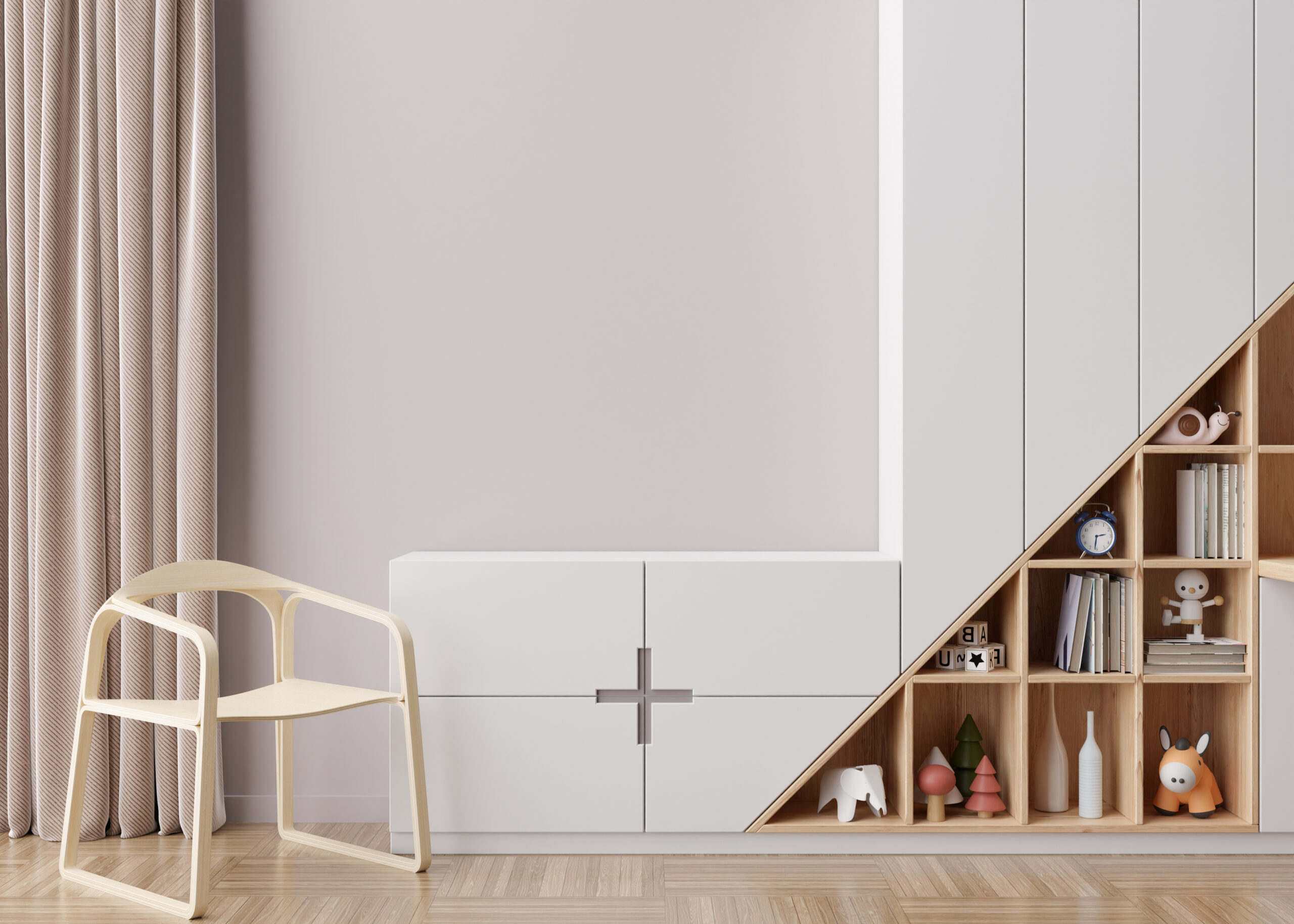 Empty beige wall in modern child room. Mock up interior in contemporary, scandinavian style. Copy space for your artwork, picture or poster. Chair, toys. Cozy room for kids. 3D rendering