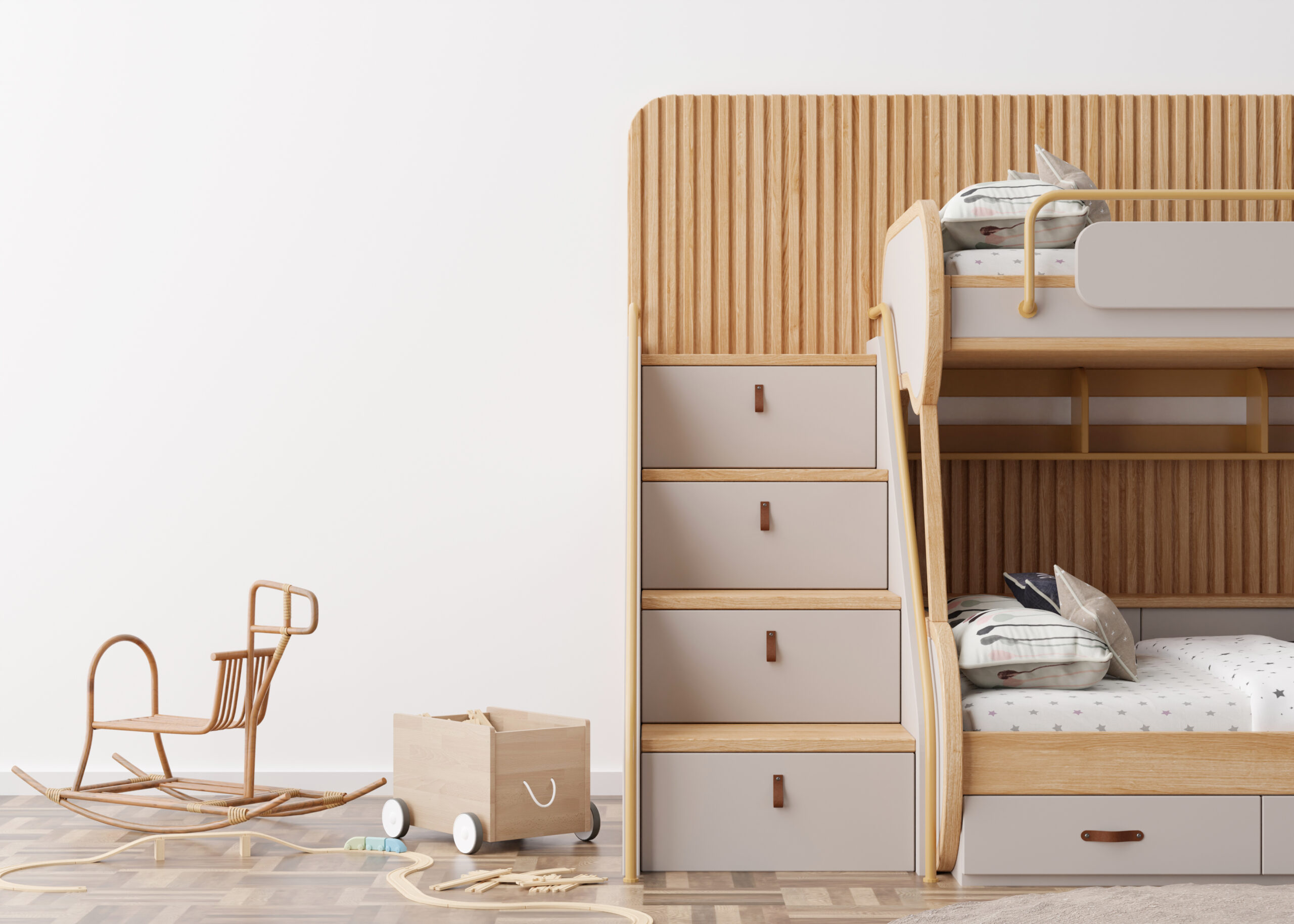 Empty white wall in modern child room. Mock up interior in scandinavian, boho style. Copy space for your picture or poster. Bed, rattan rocking horse, toys. Cozy room for kids. 3D rendering