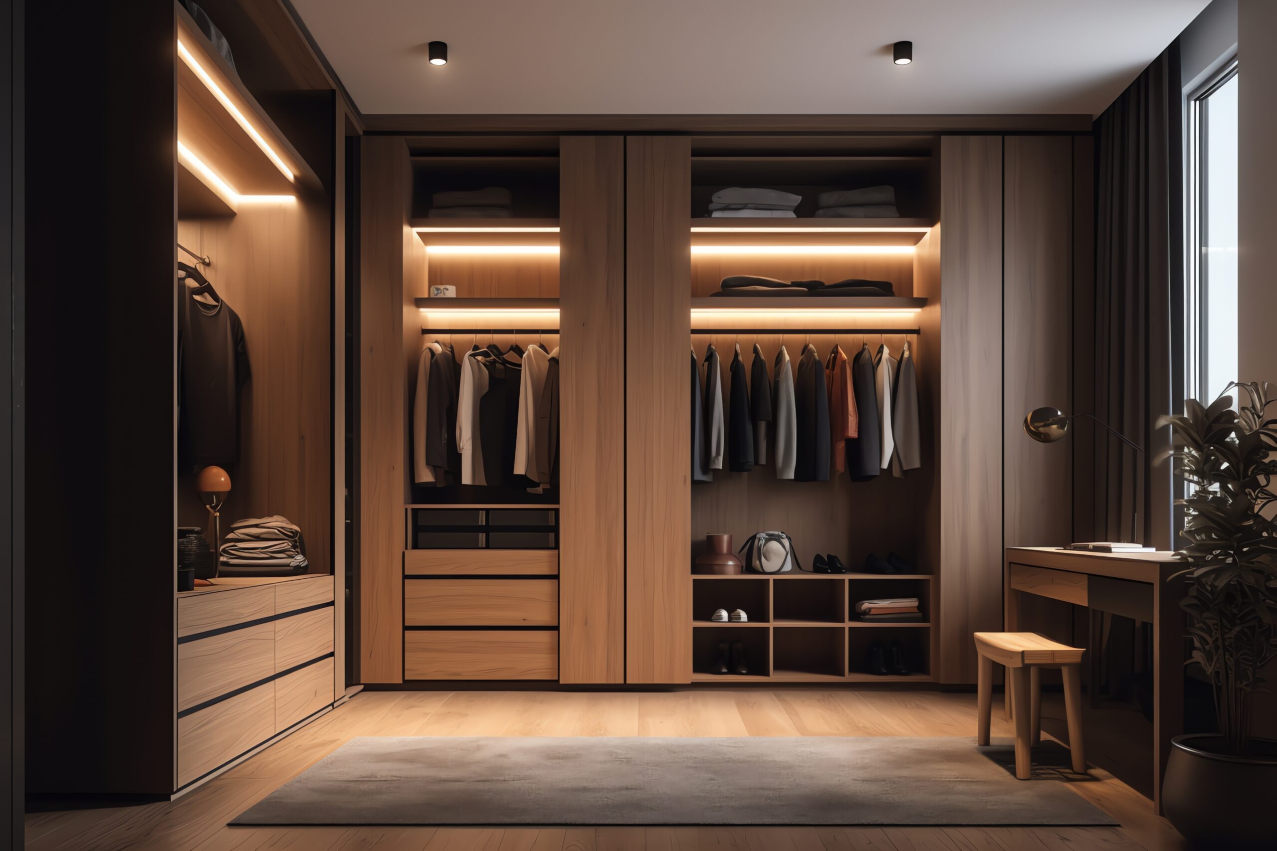 garderoba-z-lampka-na-scianie-i-lawa-z-lawka-i-stolem-z-ubraniami