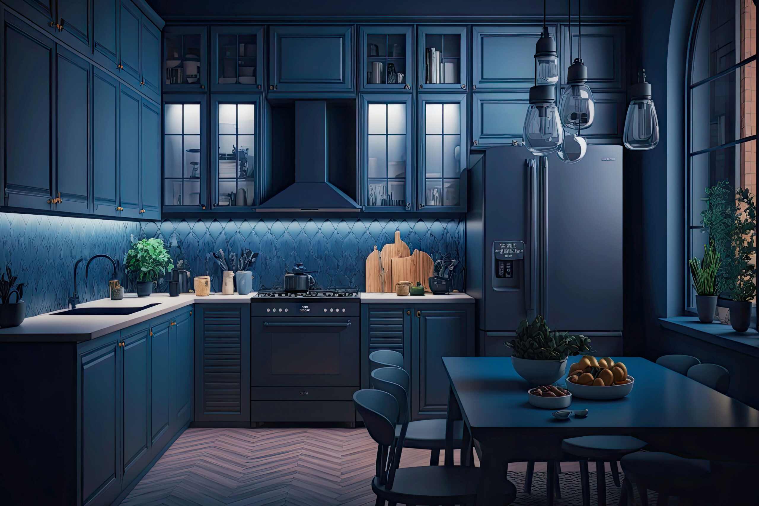 bright kitchen interior with countertop in dark blue tones at night, generative ai