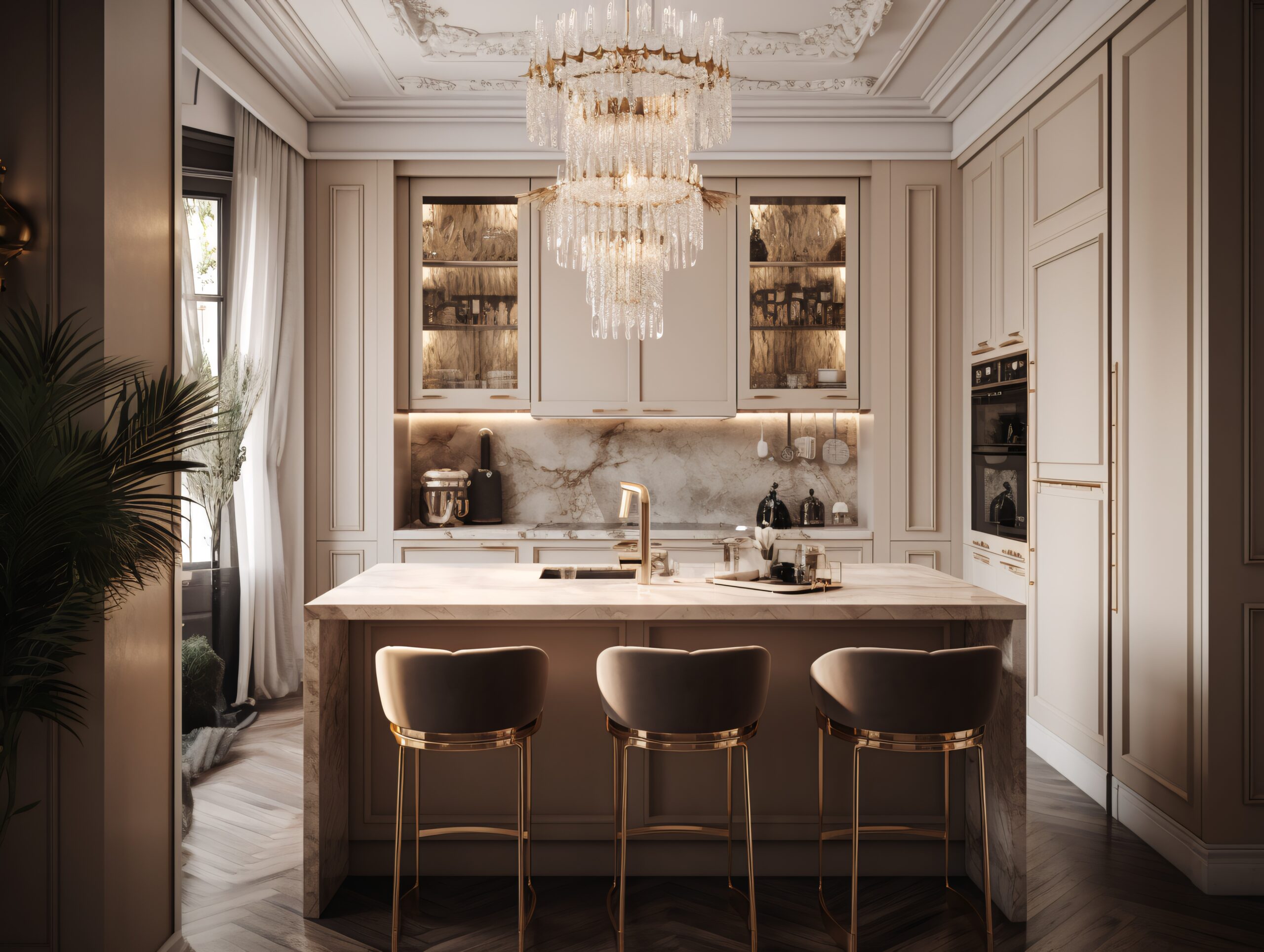 Classic bright kitchen with bar stools and kitchen island and chandelier. AI generated, AI generative, AI generativ.