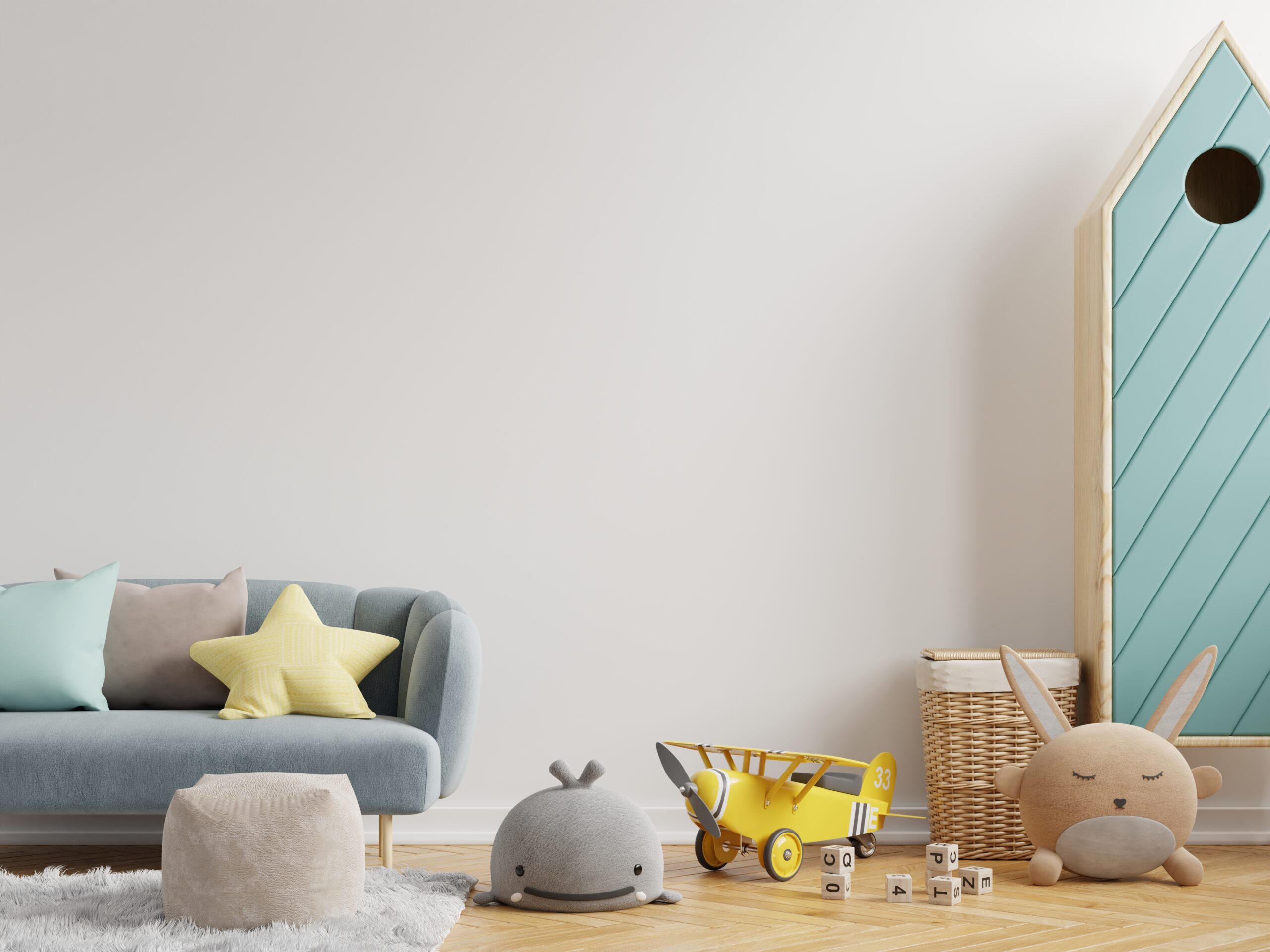 Mock up wall in the children's room in white wall background .3d rendering