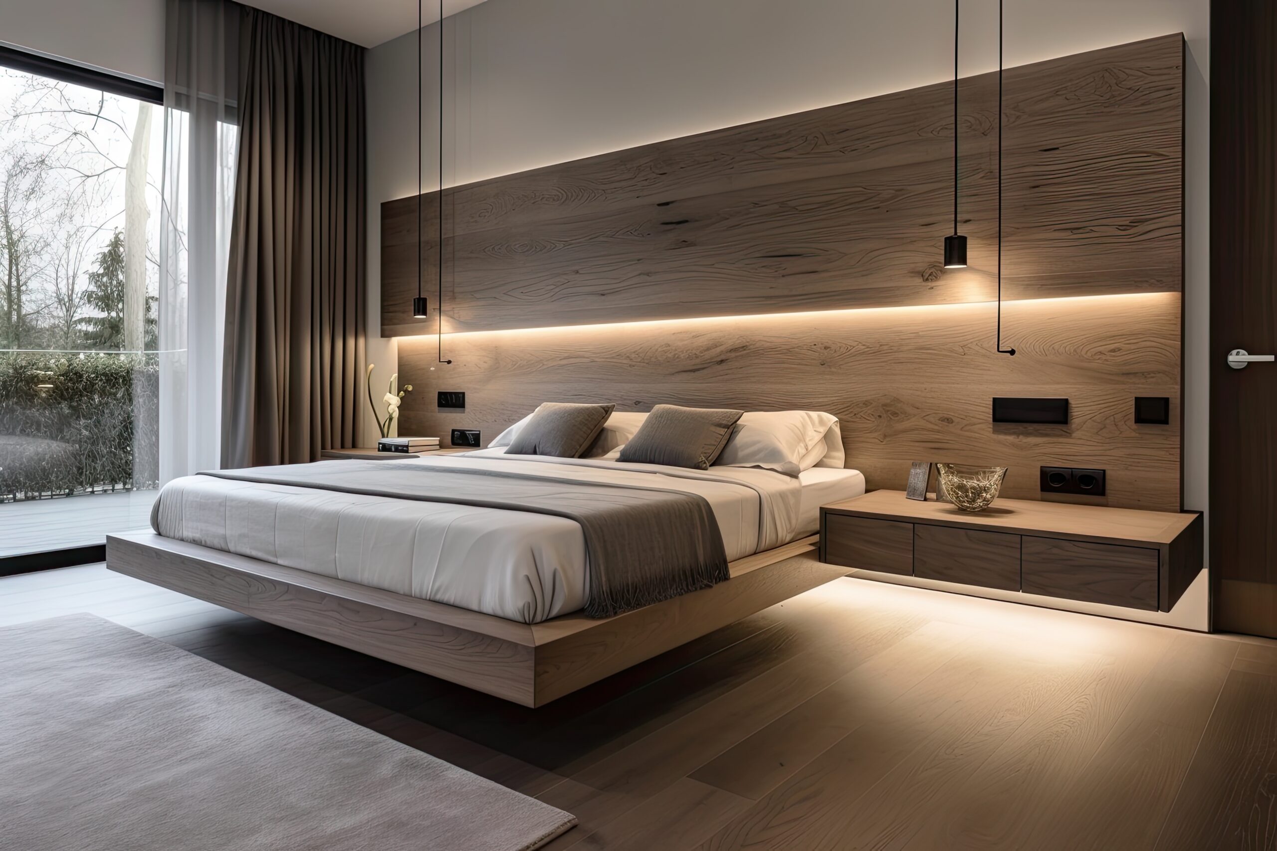 minimalist bedroom, with sleek bed and floating nightstands, created with generative ai