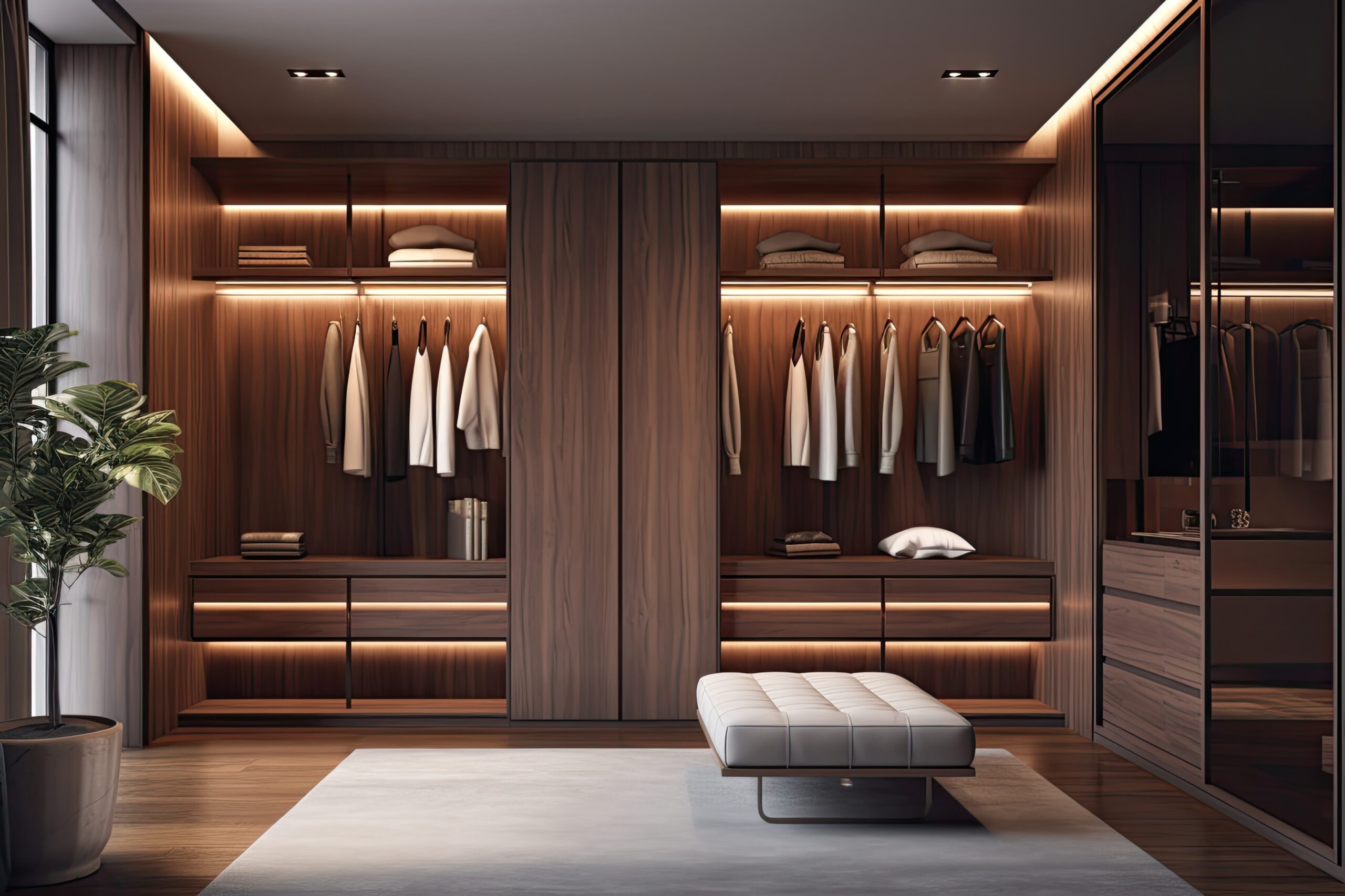 A walk in closet with a bench and a plant. Generative AI