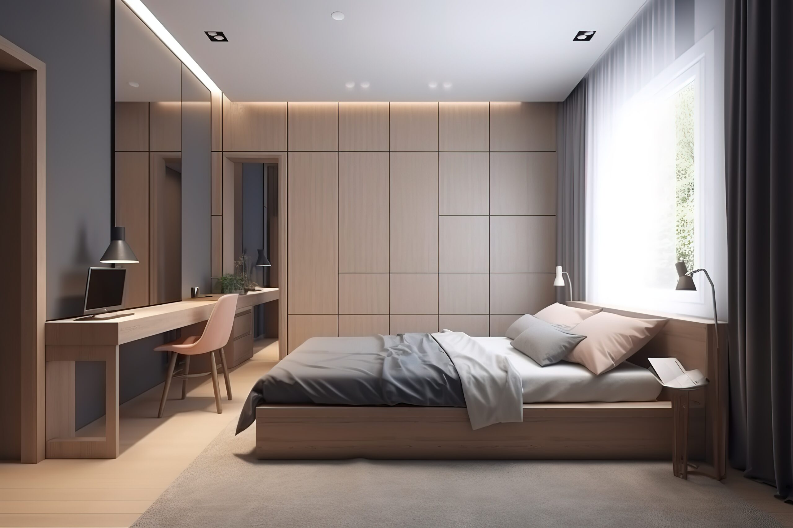 Modern classic bedroom 3d render. The rooms have wooden floors and white walls. Furnished with black wood furniture | Stylish bedroom interior | Bedroom interior. 3d render, Generative AI.