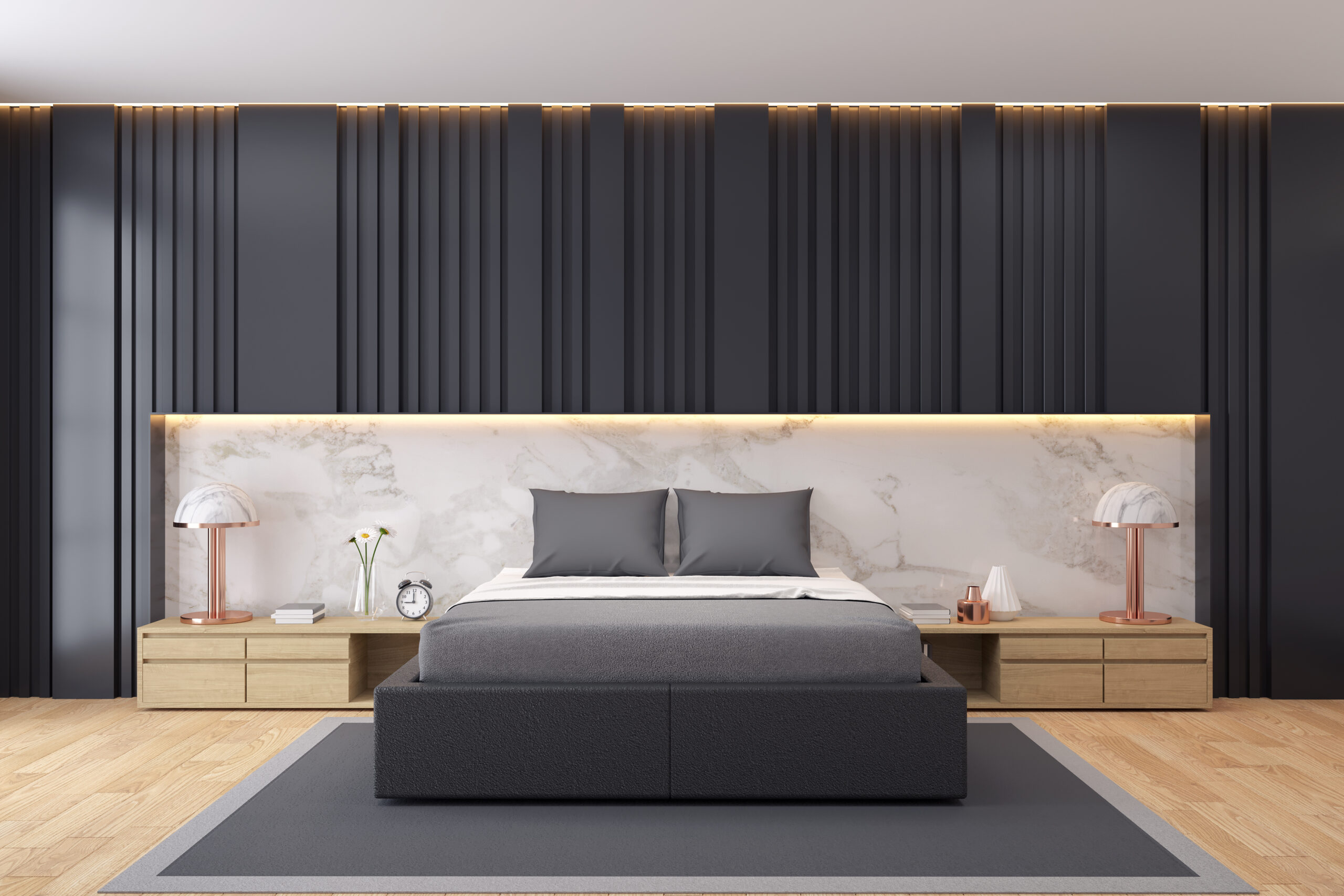 Modern luxury dark Bedroom interior Design,3d render