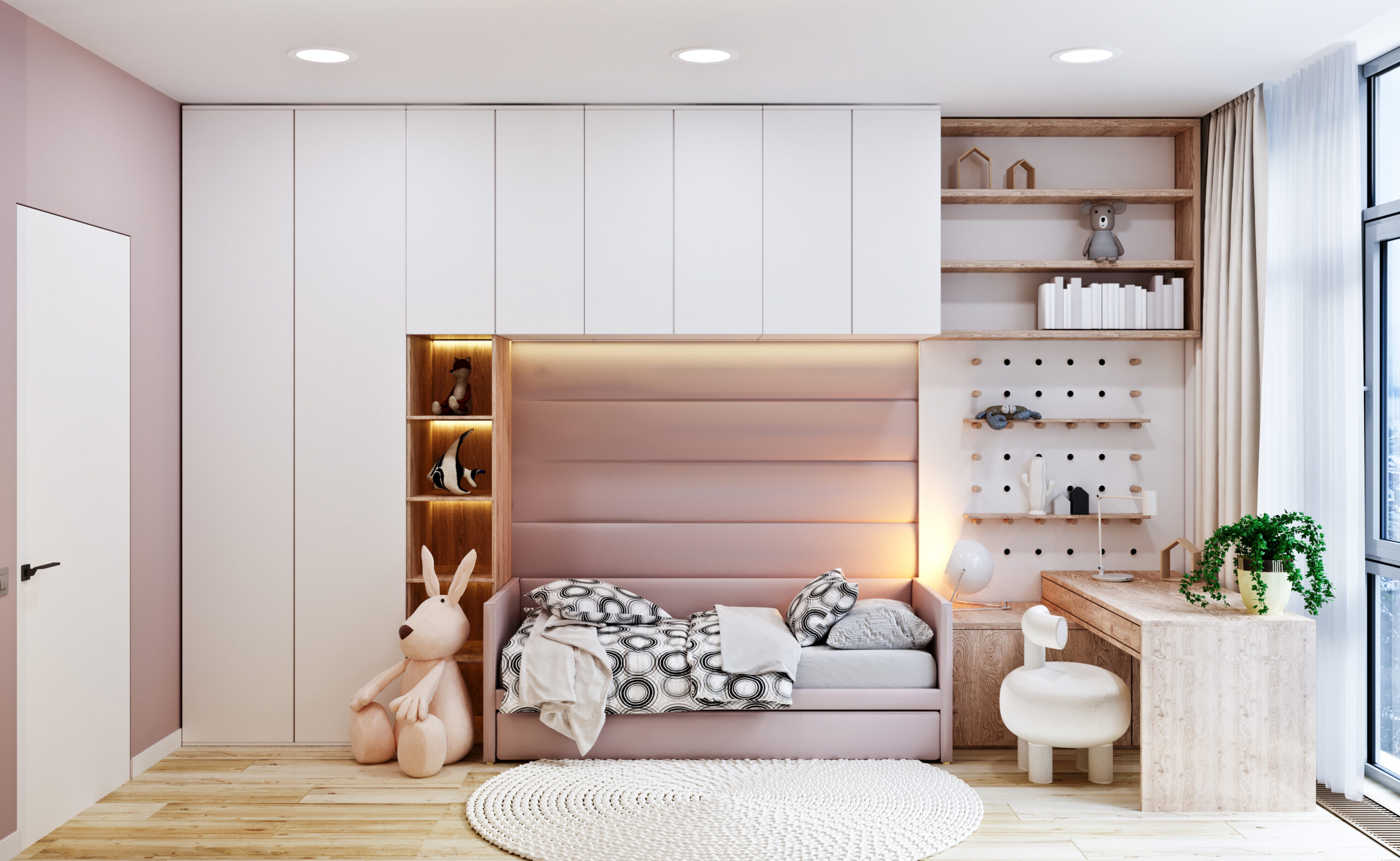 modern interior of the girl's bedroom in warm tones of beige. 3d rendering