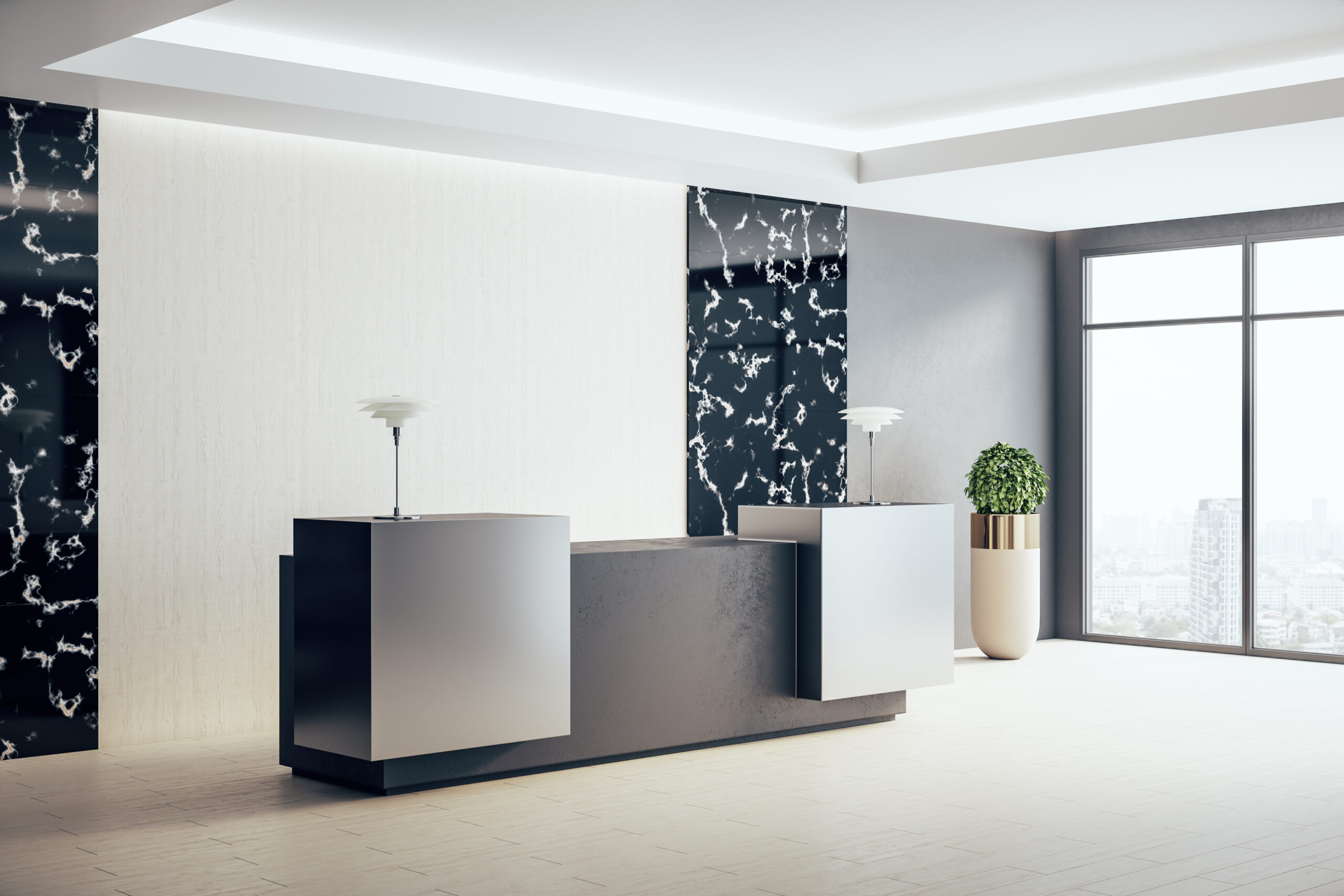 Modern hotel hall with reception table and city view. Workplace and corporate concept. Mock up, 3D Rendering