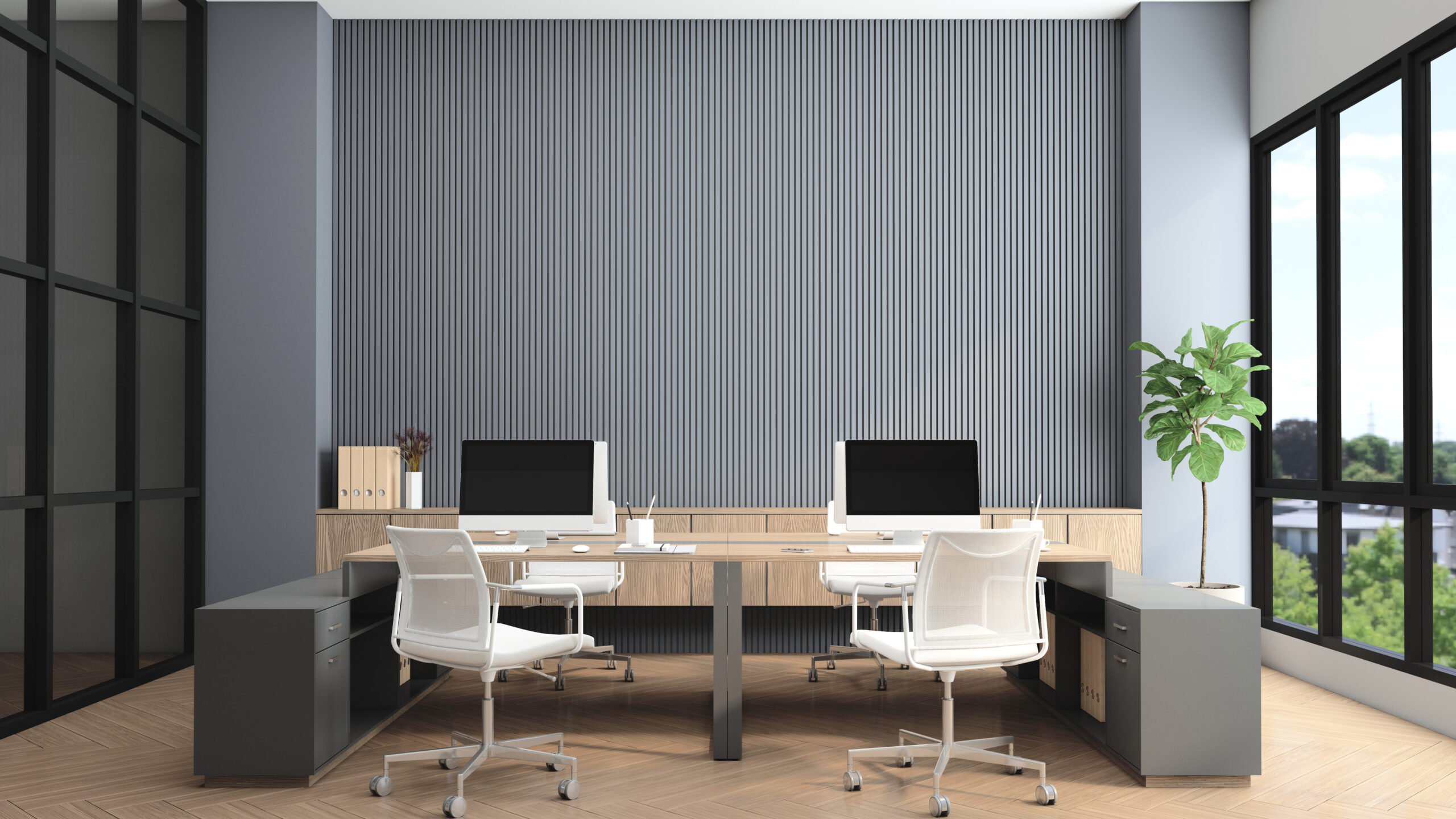 Modern office room with desk and computer, gray slat wall and bu