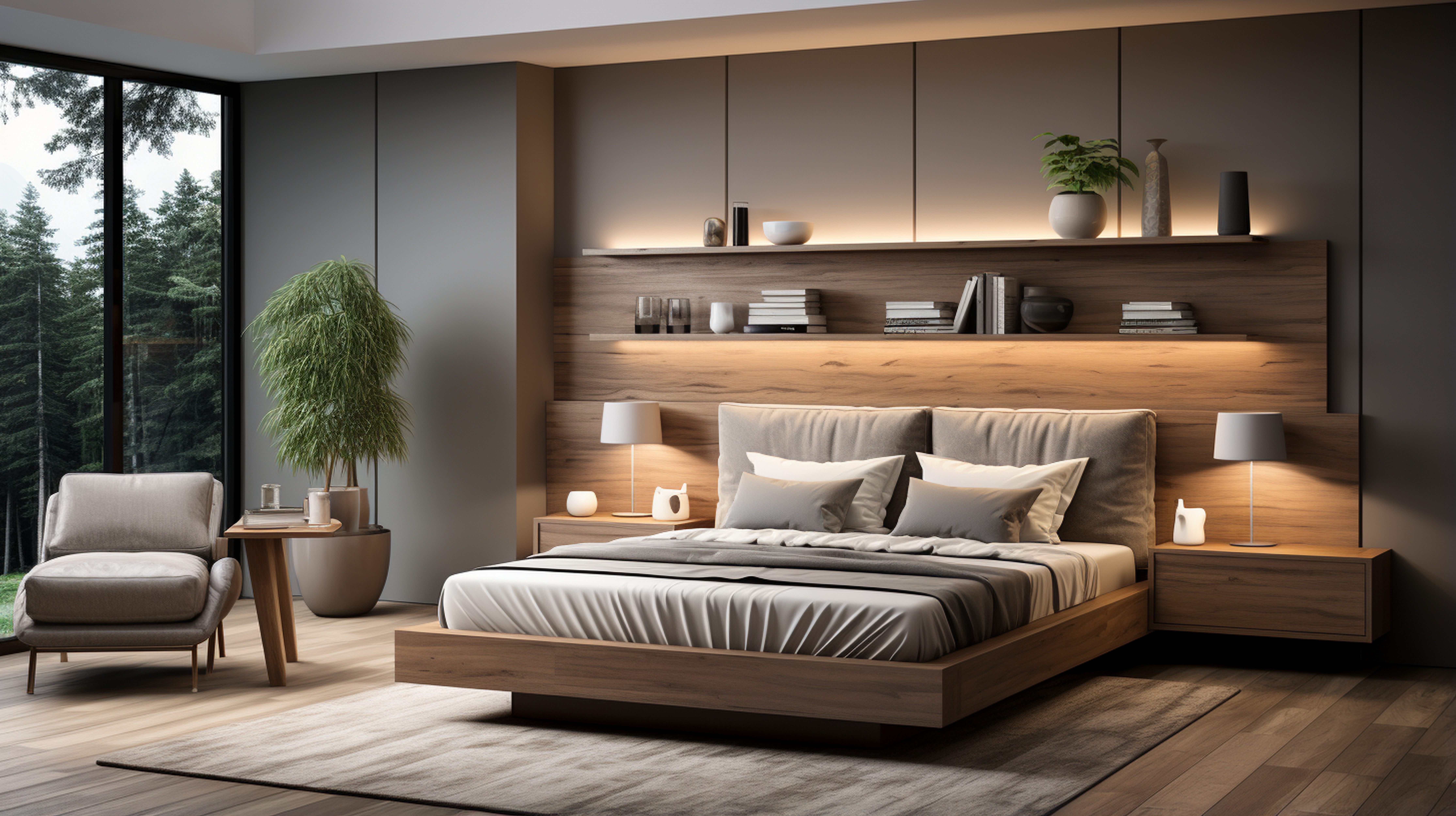 Realistic modern double bedroom with furniture and a frame