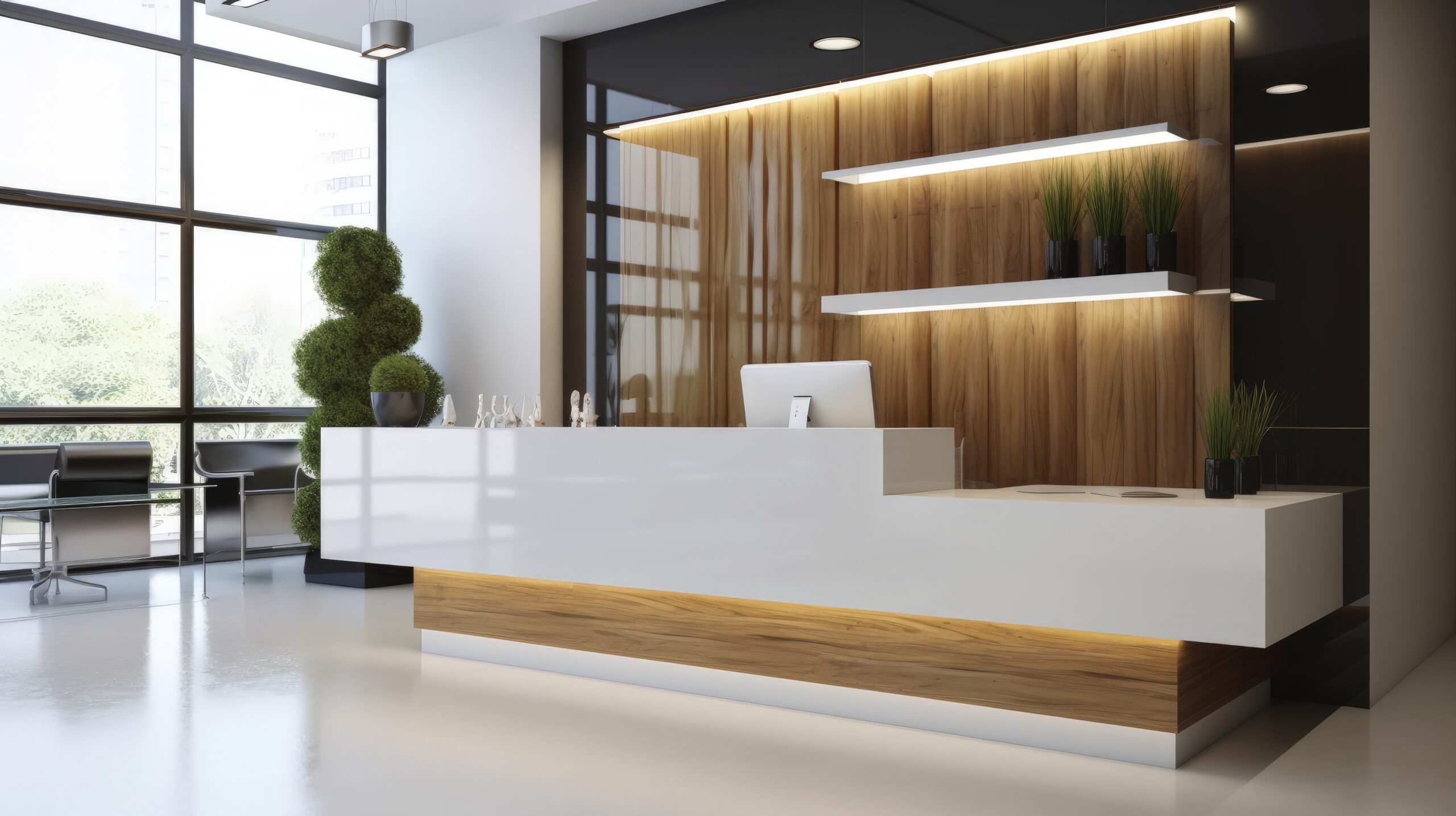 a reception area with a white counter and wooden shelves