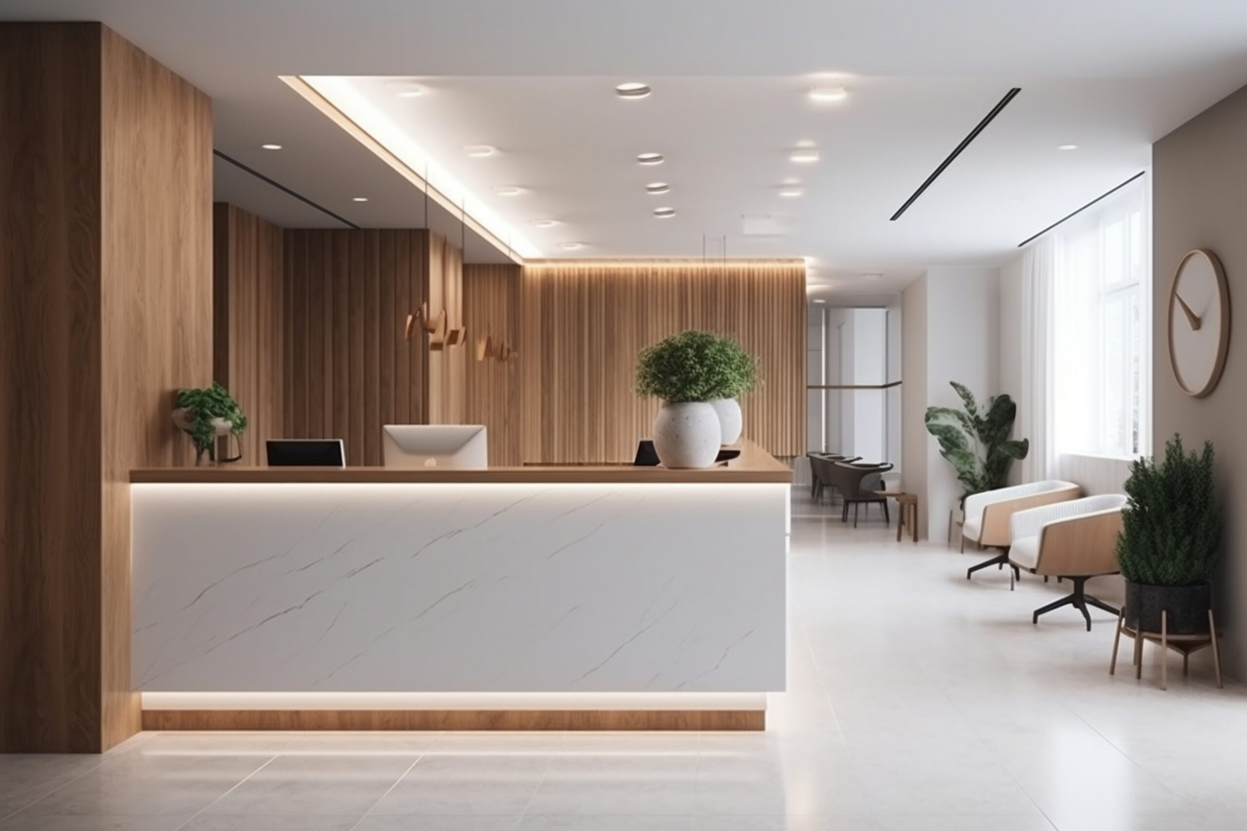recepcja-z-biala-lada-recepcyjna-i-duza-roslina-w-tle