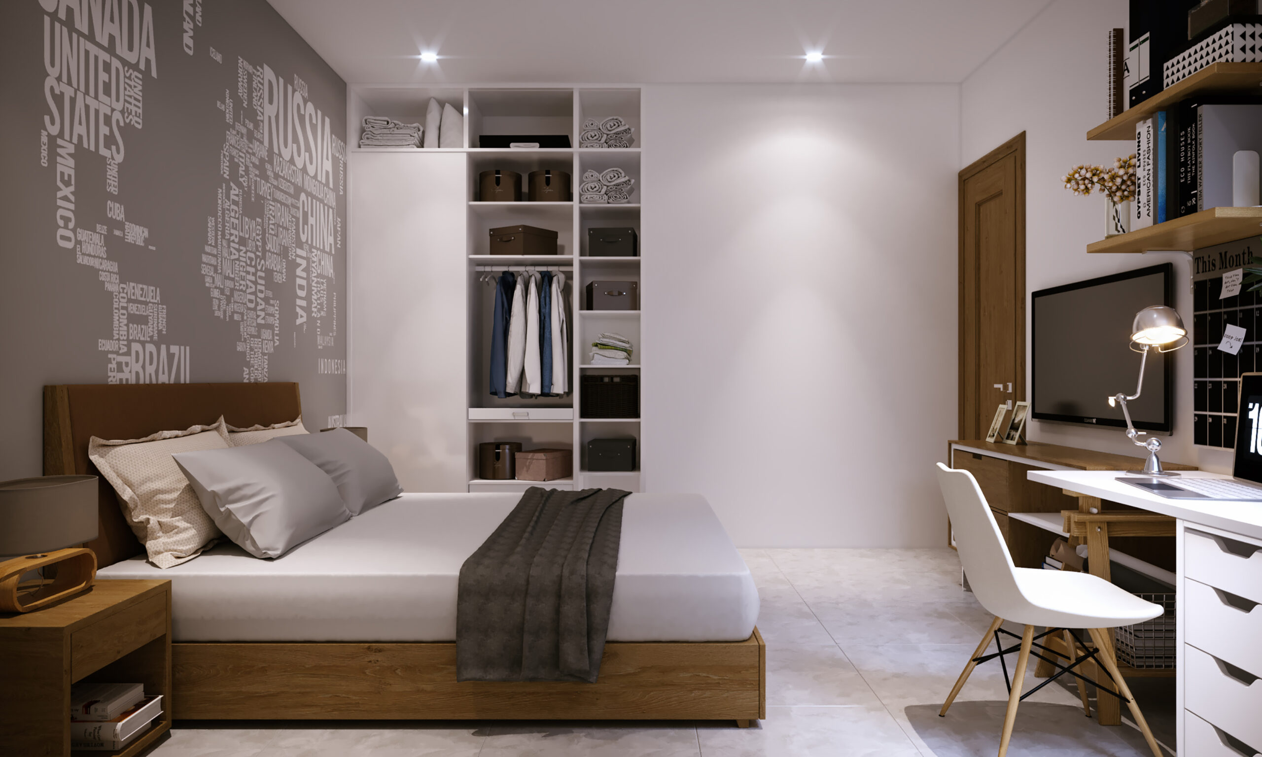 renderowania-3d-prosty-bialy-kolor-sypialni