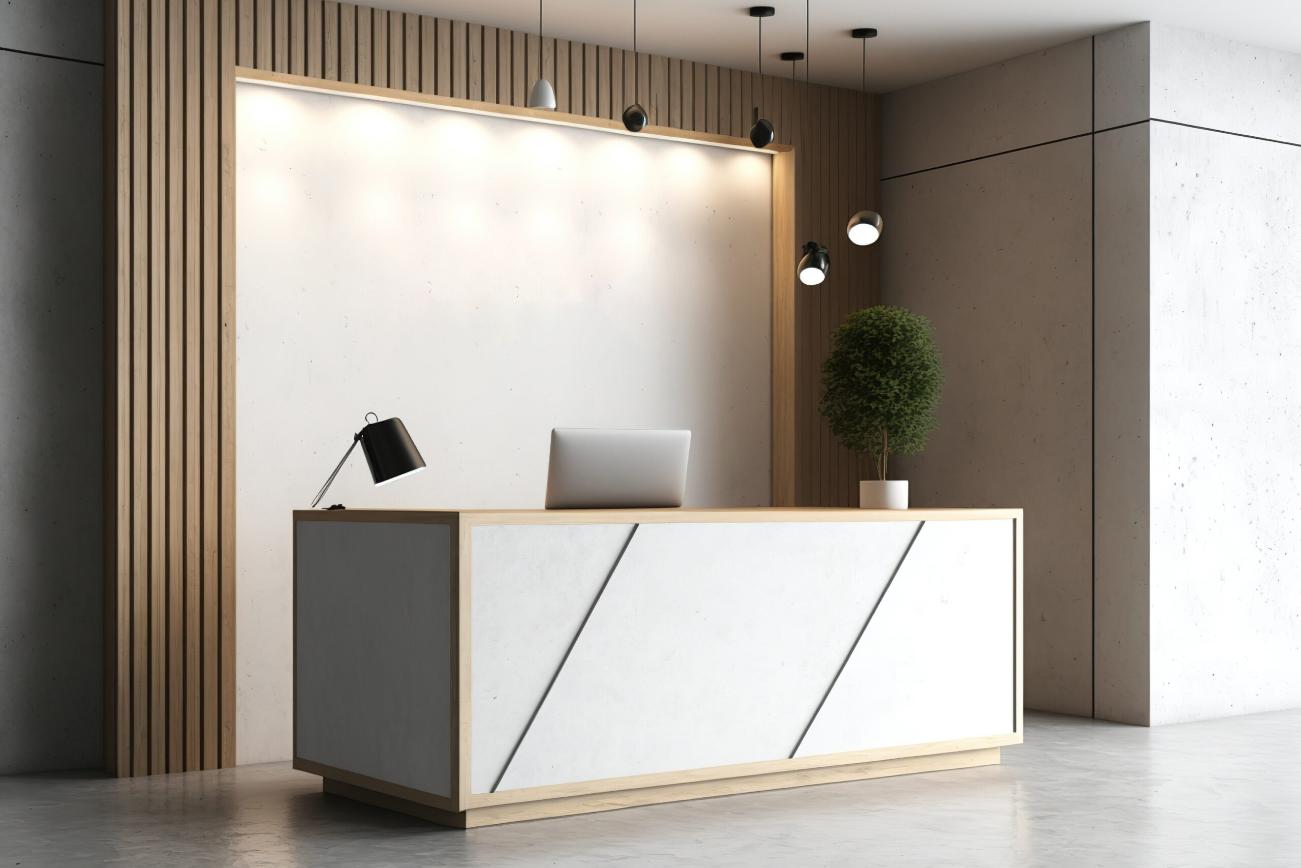Standing reception desk with mirror components in space with concrete floor and wooden walls. a mockup
