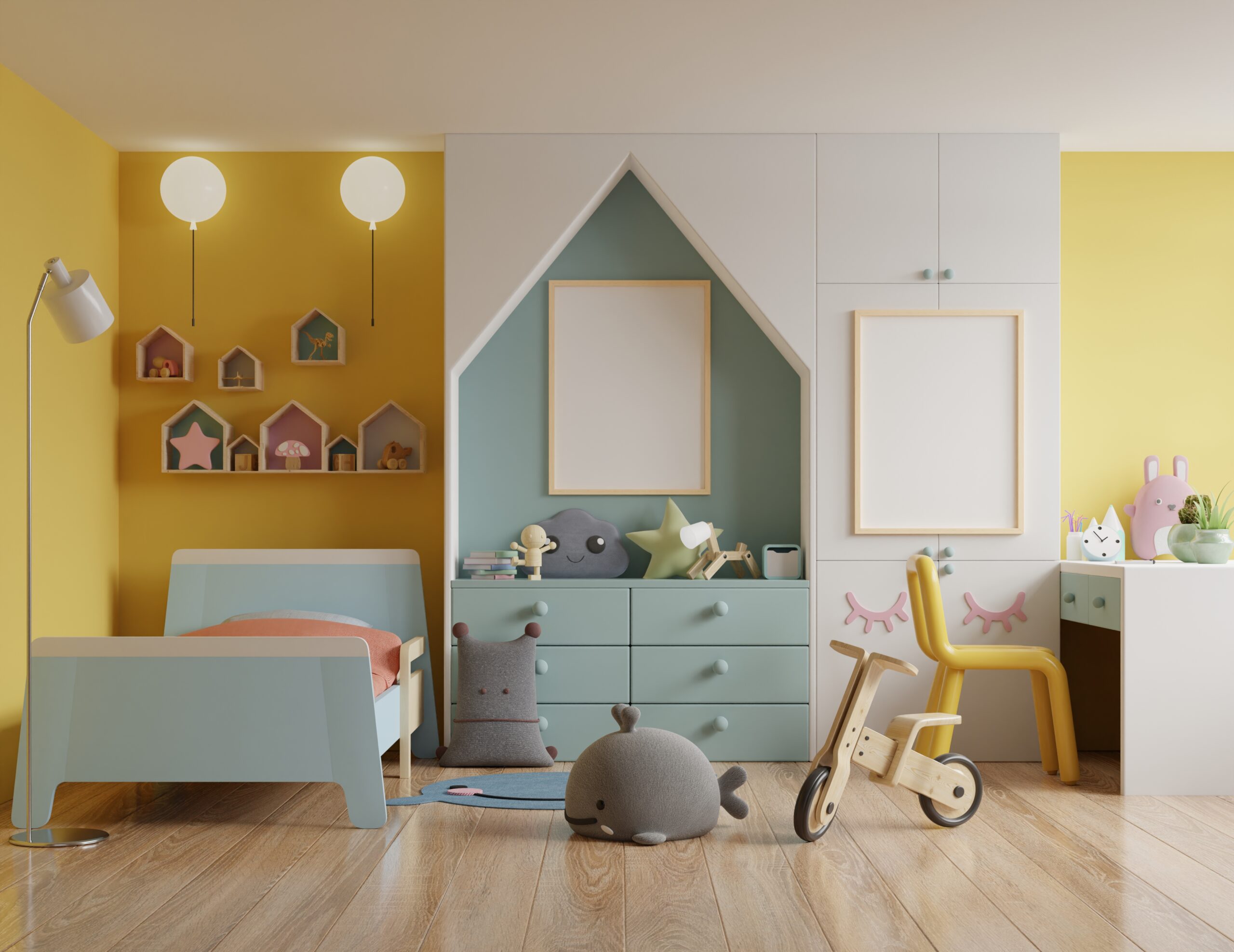 Children's bedroom with a roof house and yellow walls/mockup poster frame in children room,3d rendering
