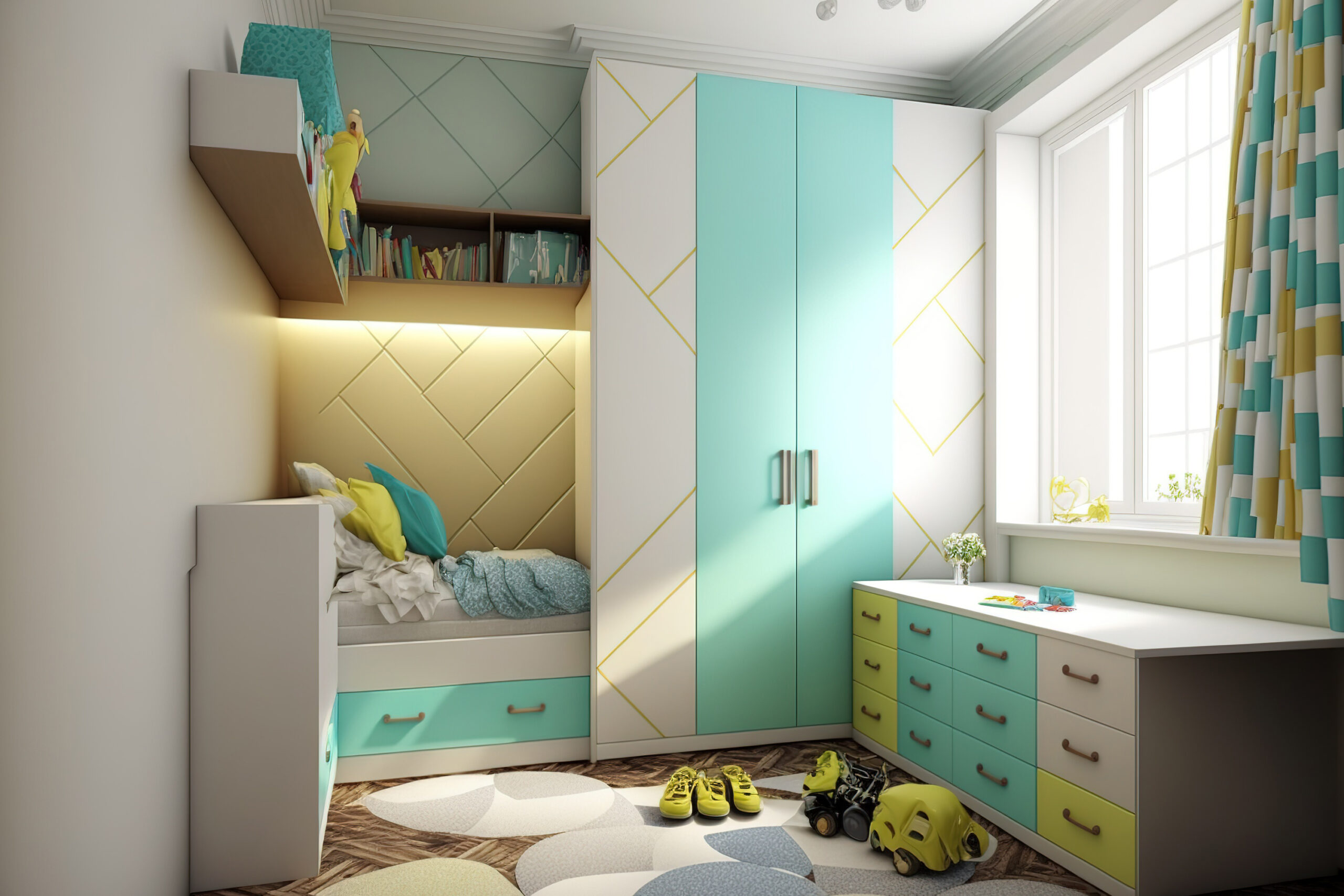 Interior the area for kids. Interior of a boys bedroom with a white wall, a bed that resembles a house, a cupboard, and toys. the interior of a kids room