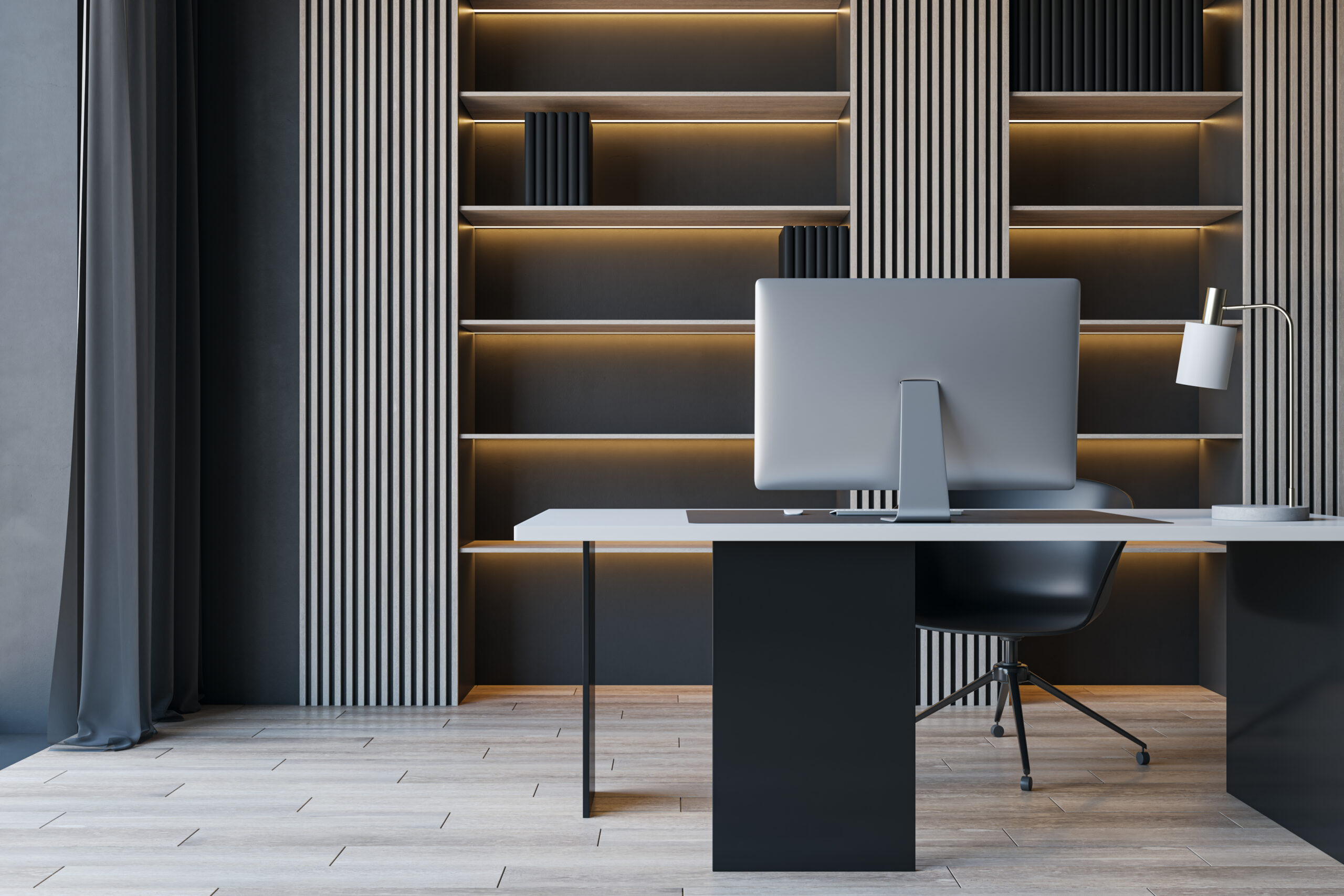 Contemporary concrete and wooden stylish designer office interior with furniture, computer monitor, bookcase shelves. 3D Rendering