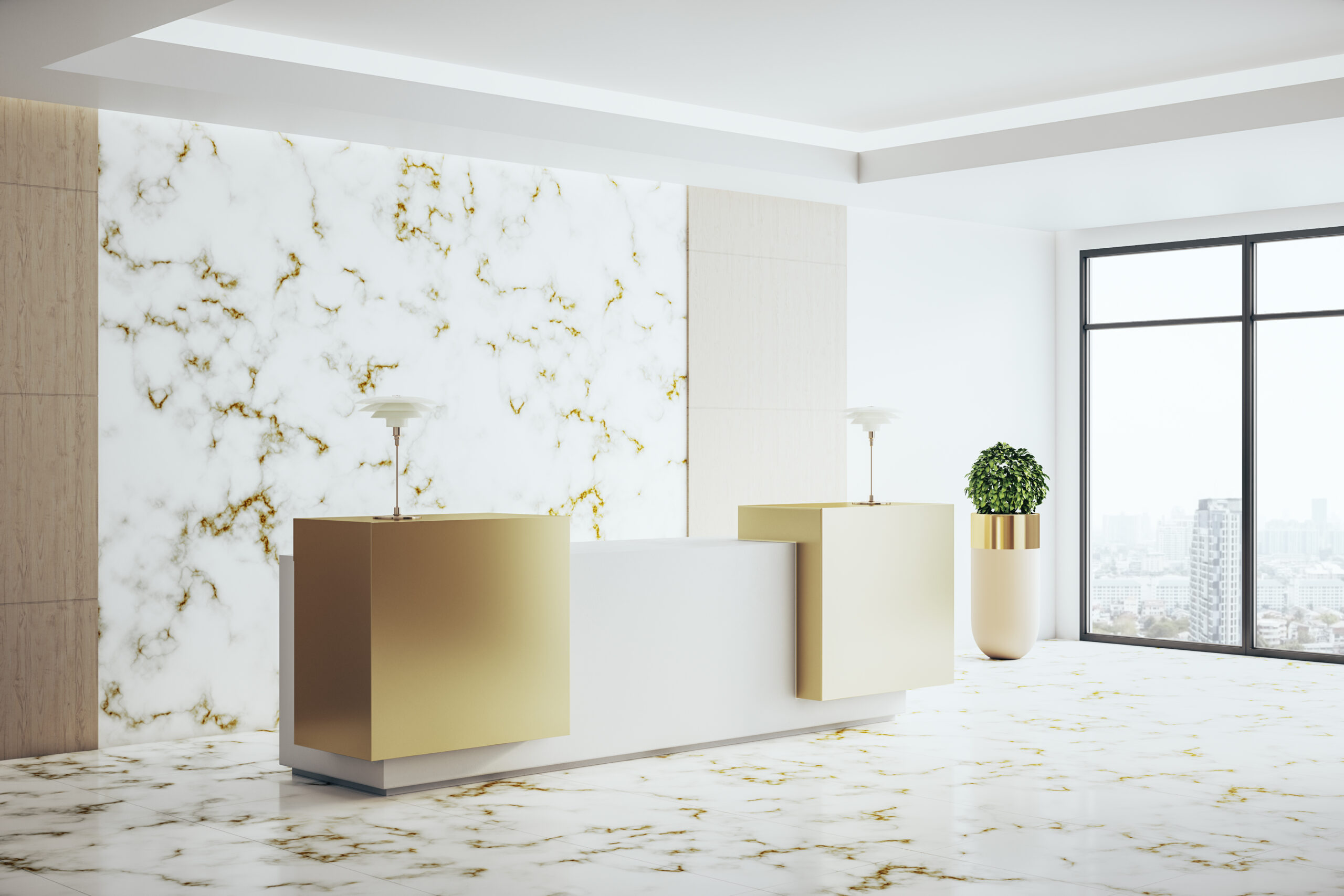 Contemporary marble hotel hall with reception table and city view. Workplace and corporate concept. Mock up, 3D Rendering